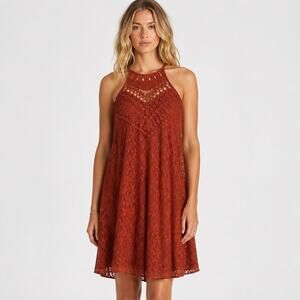 Vanity Womens Rust Red Lace Halter Sleeveless Dress Boho Romantic Crochet Size M
